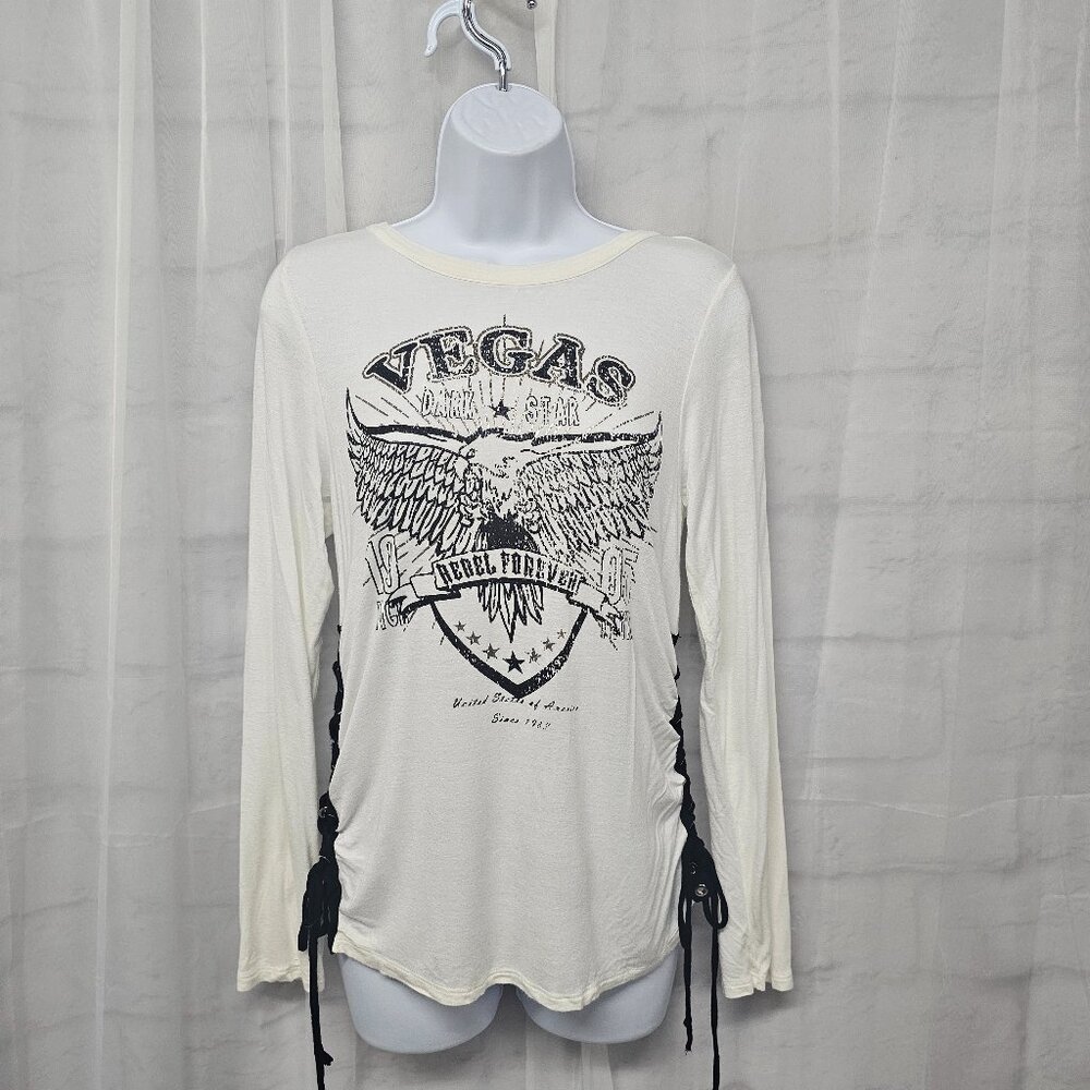 YMF Long Sleeve Tee Vegas Grunge Biker Rock Concert Casual White Black M